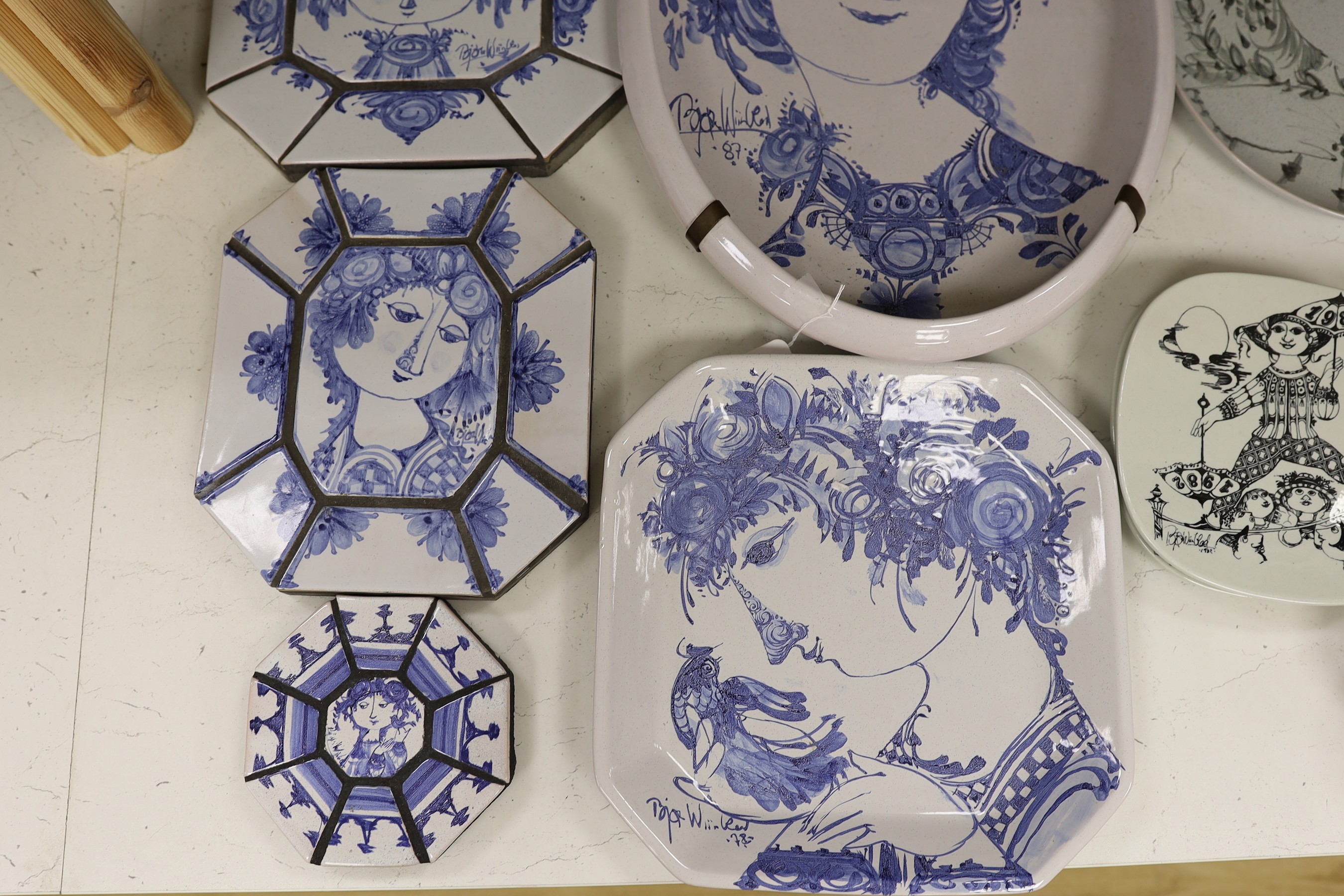 A collection of assorted Bjørn Wiinblad ceramics, tiles, dishes and others, largest 48cm wide